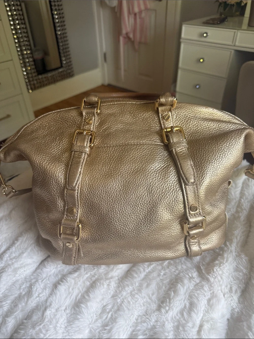 Michael Kors Metallic Gold Leather Shoulder Satchel with Crossbody Strap